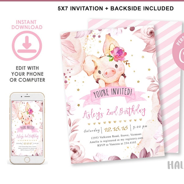 Pig Birthday Party Invitation, Editable Template, Farm Birthday Party Invite, Pig Invitation, Girl Birthday Invite, Piggy Invite, Corjl