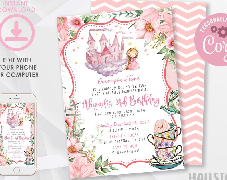 Princess Tea Party Birthday Invitation Little Girls Tea Party Kids ParTea Once Upon a Time 1st Birthday Tea Party Invitation