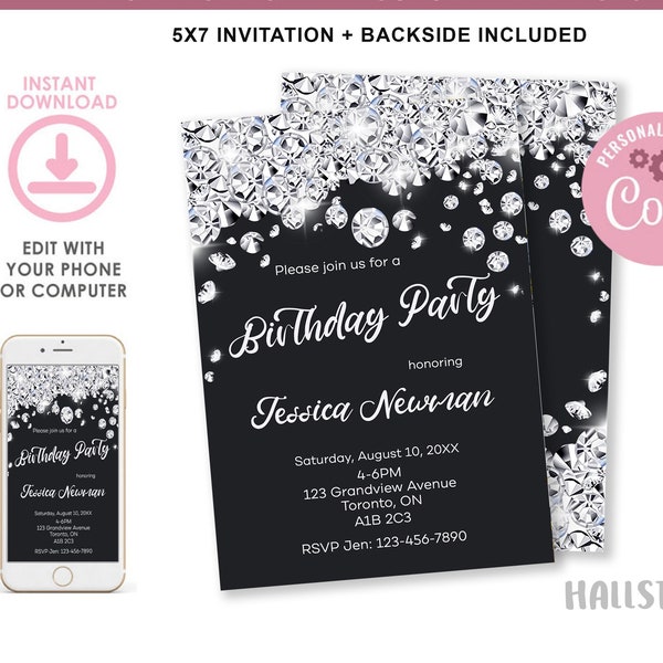 Diamond Birthday Party Invitation, Glamour Invitation, Editable Diamond Birthday Invitation, Editable Any Age Invitation