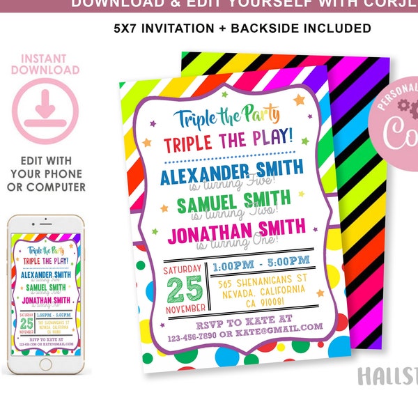 Triple the Party Triple the Fun Invitation, Joint Birthday Invite, Girl and Boy Triple Party, Polka Dots Invites, Colorful, Sibling, CORJL