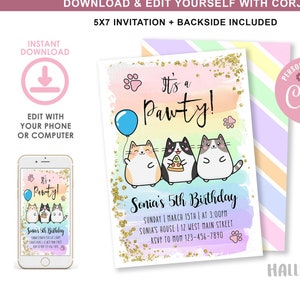 Cat Rainbow Birthday Party Invitation, Cat, Kitty Birthday Invitation, Fat Cat Invites, Pink, Child, Invitation, Paw-ty Party Invite, CORJL