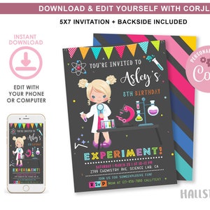 Editable Science Party Invitation, Mad Science Birthday Invitation, Editable Corjl Science Template, Girls Science Party, Instant Download