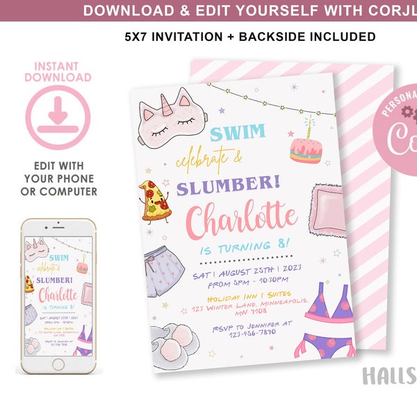 Hotel Swimming Birthday Party Invitation, Sleepover Slumber Party Water Park Digital Invite, Pool Swim Template, Editable with Corjl