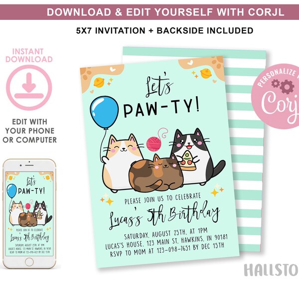 Boys Cat Birthday Invitation, Cat Theme Birthday Invitation, Are You Kitten Me Birthday, Paw-ty Birthday Invite, Edit with Corjl