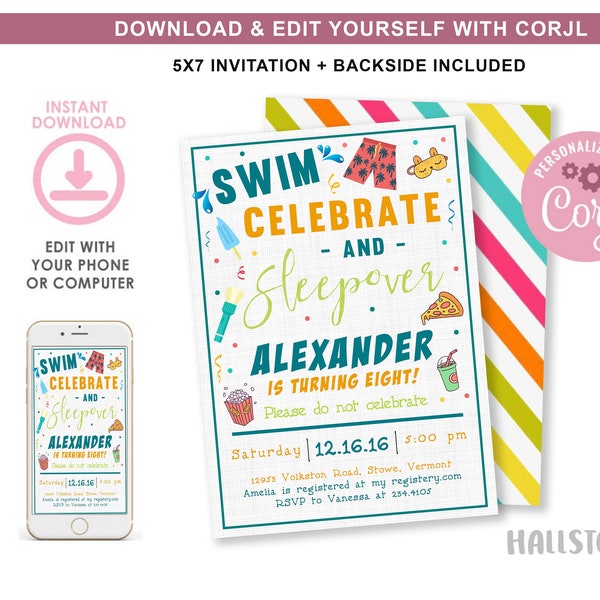 Hotel Swimming Birthday Party Invitation, Boys Swim Sleepover Invite, Boy Overnight Digital Instant Download, Edit online, Slumber Editable