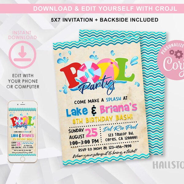 Editable Twins Pool Party Birthday Invitation, Pool Birthday Party Invitation Template, Joint Birthday Party, Twins Pool Invitation