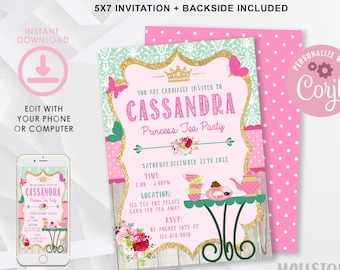 Princess Tea Party Birthday, Princess Tea Party Invitation, Pink and Gold Glitter Shabby Chic invite, Instant Download & Edit File Corjl