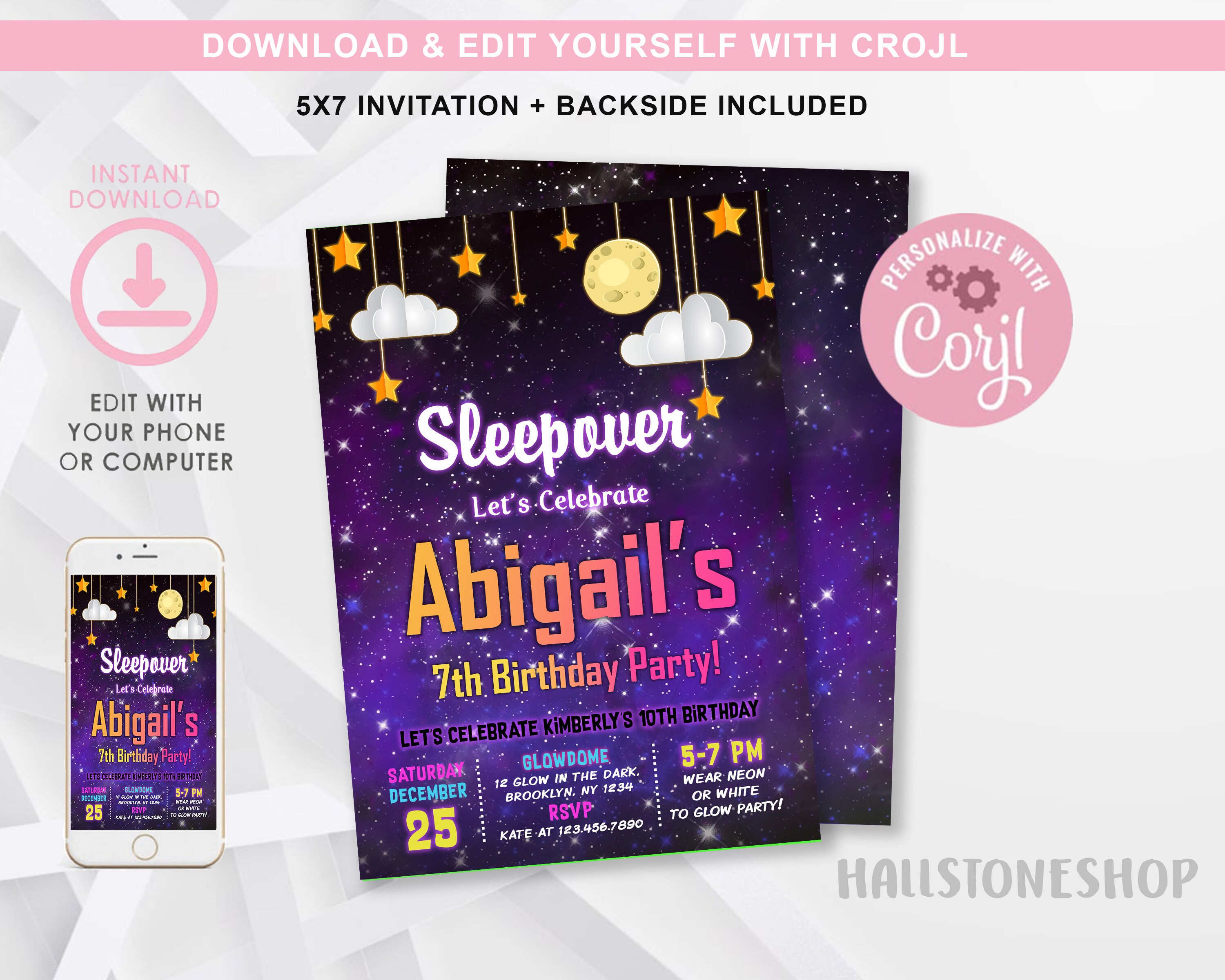 Girls Sleepover Party, Birthday Invitation Editable Template.