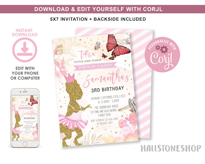 Girl Dinosaur Birthday Invitation Template, Trex Tutus Tiaras, Girl Dinosaur Invitation, Girl