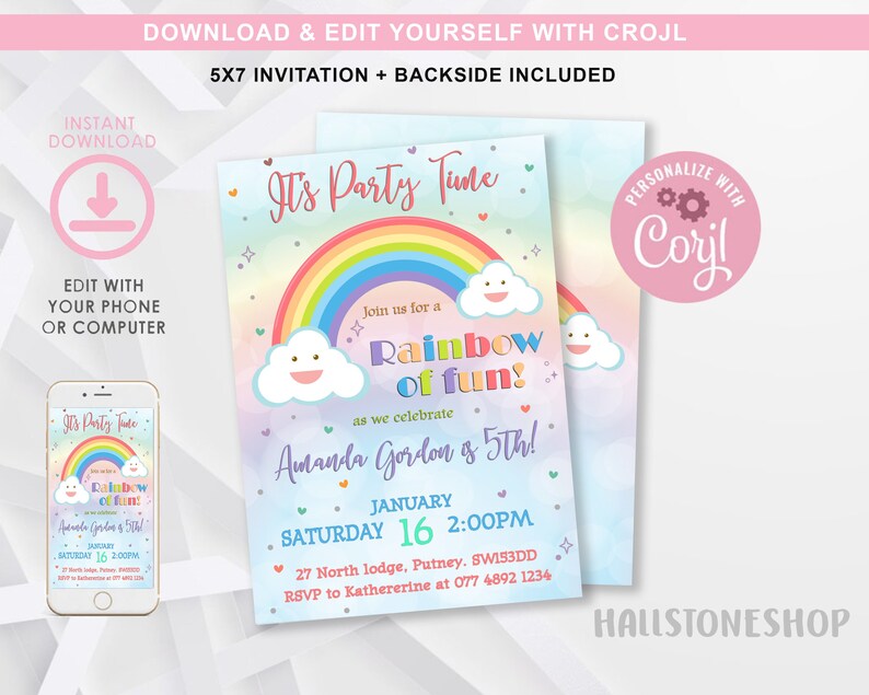 EDITABLE Rainbow Birthday Invitation Girls Rainbow Party - Etsy