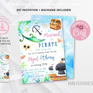 Mermaid Or Pirate Birthday Invitation Sibling Mermaid and Pirate Invitation Sibling Girl Boy Birthday Invitation, Instant Download