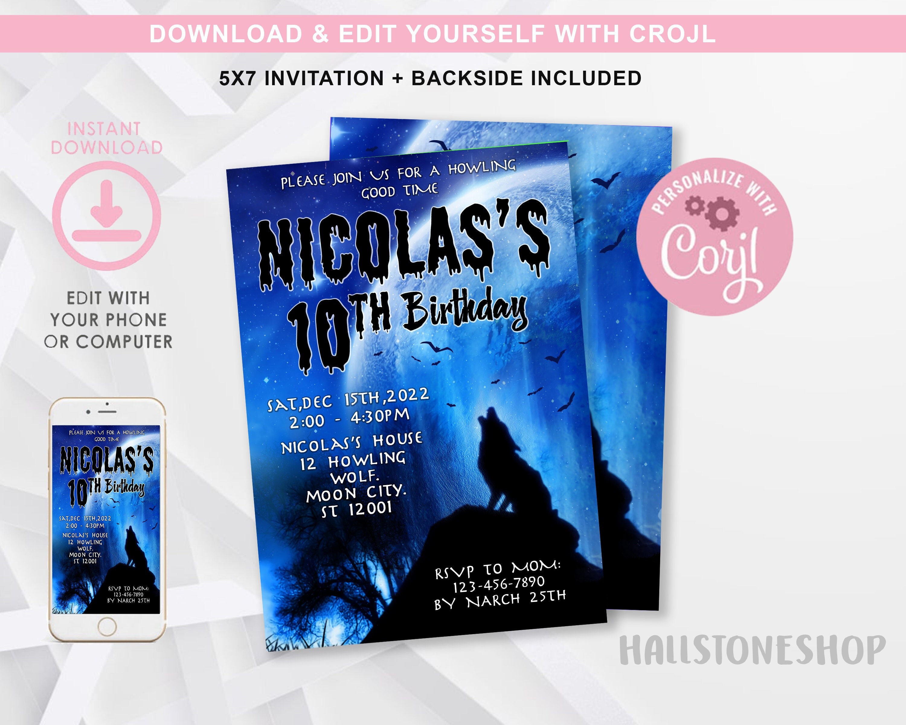 Wolf Birthday Party Invitation Wolf Howling Invitation Wolf Etsy