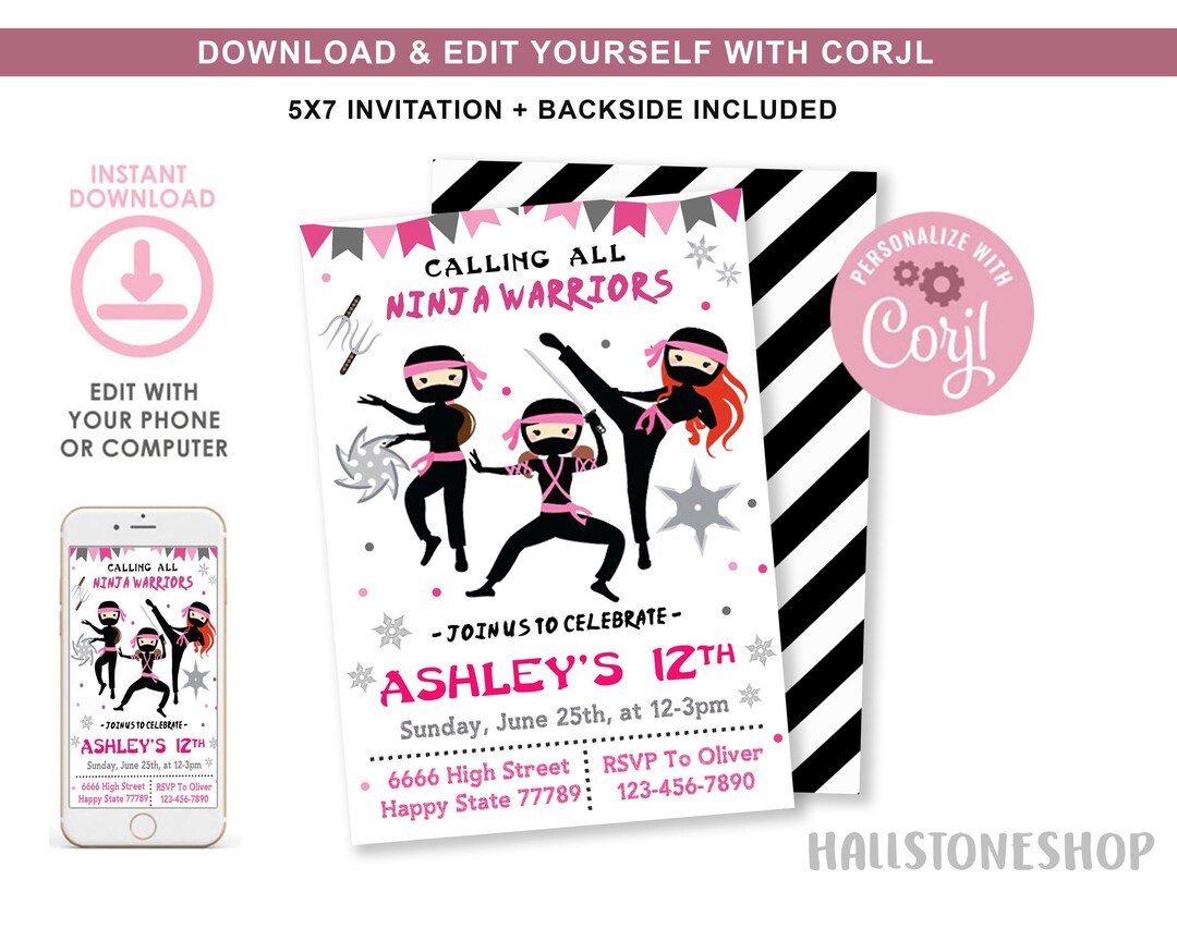Ninja Girl Invitation, Girl Ninja Party, Ninja Printables, Karate