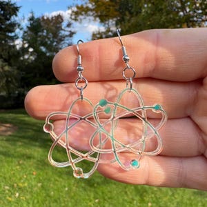 May include: A pair of silver-toned atom-shaped earrings. Each earring features a wire hook and a design of interconnected circles and spheres, with a subtle iridescent sheen. The earrings are held against a backdrop of green grass and trees.