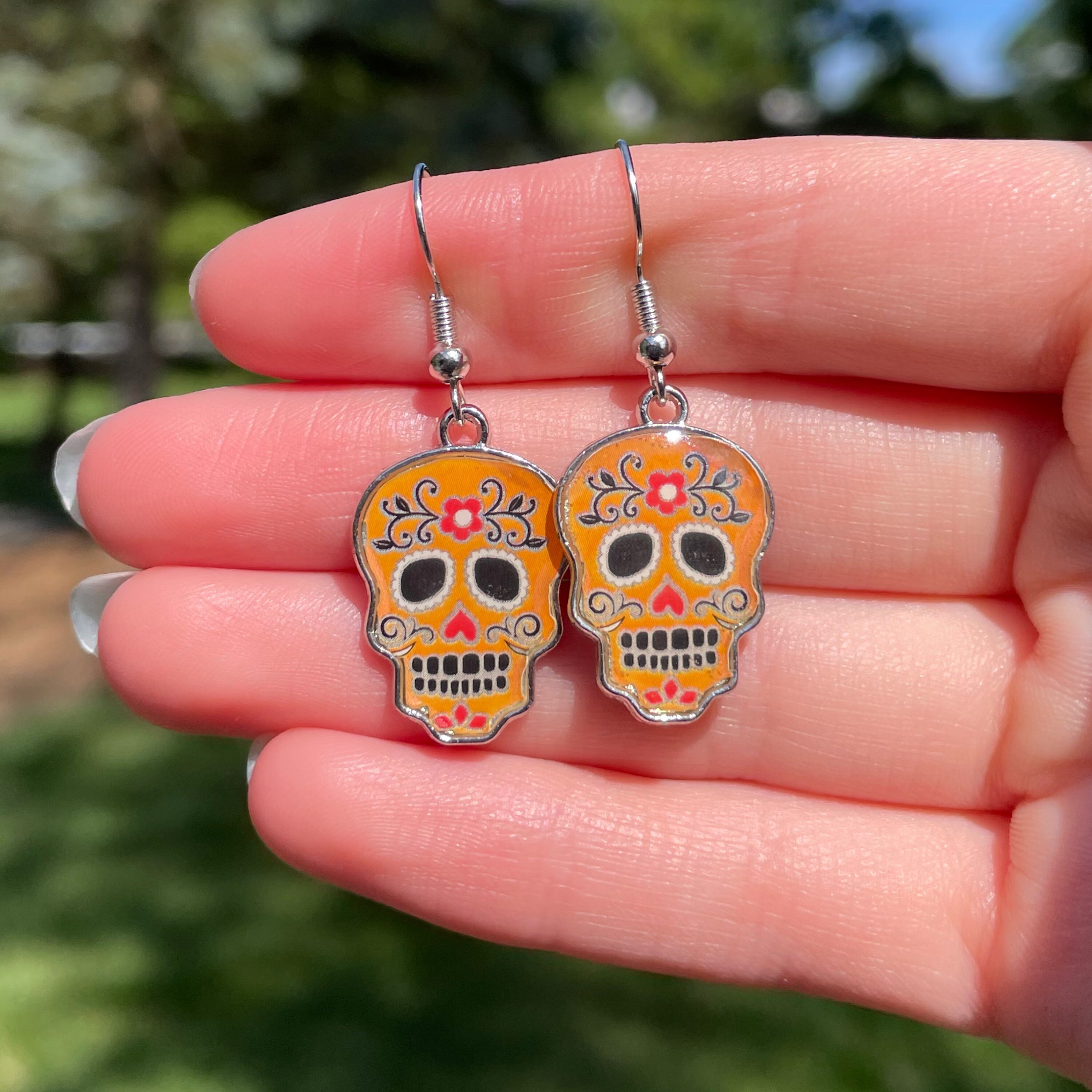thumbnail image 2 of Bluebubble Day Of The Dead Sugar Skull Earrings – Silver Plated Drop Earrings 2 of 6