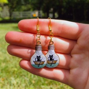 Cat Lightbulb Earrings | Novelty Earrings | Unique Earrings | Pretty Earrings | Dangle Earrings | Whimsical Earrings