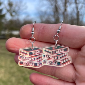 Read Banned Books Stack Dangle Earrings | Teacher Earrings | Librarian Earrings | Resistance Earrings | Quirky Earrings | Banned Books