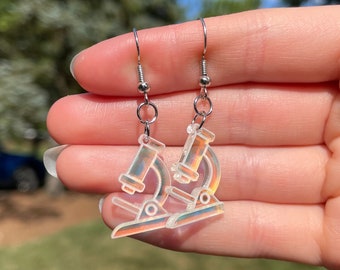 Iridescent Acrylic Microscope Earrings | Novelty Earrings | Unique Earrings | Fun Earrings | Science Earrings | Teacher Earrings | STEM Gift