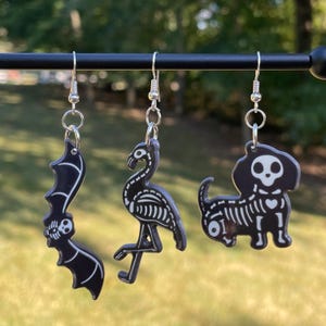 Funky Animal Skeleton Dangle Earrings | Novelty Earrings | Unique Earrings | Bat Earrings | Spooky Earrings | Halloween Earrings