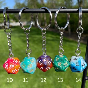 May include: Five multi-colored dice with gold numbers on each side, attached to silver keychains. The dice are numbered 10, 11, 12, 13, and 14.