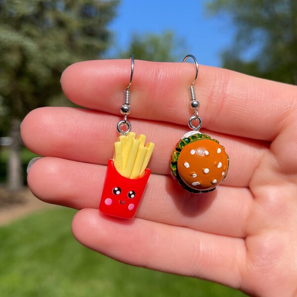 Burger and Fries Dangle Earrings | Novelty Earrings | Unique Earrings | Fun Earrings | Food Earrings