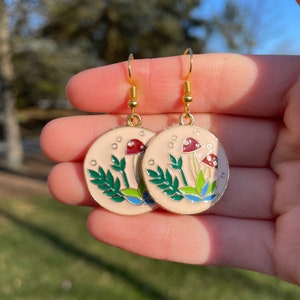 Mushroom Disk Dangle Earrings | Novelty Earrings | Unique Earrings | Fun Earrings | Plant Mom Earrings