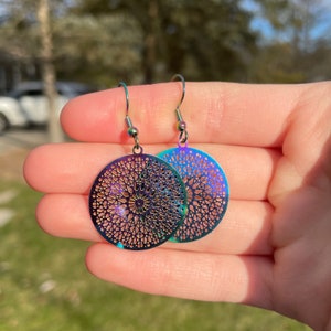 Holographic Mandala Dangle Earrings | Novelty Earrings | Unique Earrings | Fun Earrings | Pretty Earrings