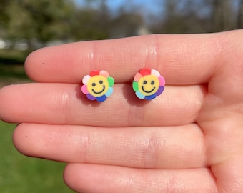 Polymer Clay Colorful Smile Face Flower Stud Earrings | Novelty Earrings | Unique Earrings | Fun Earrings | Simple Earring