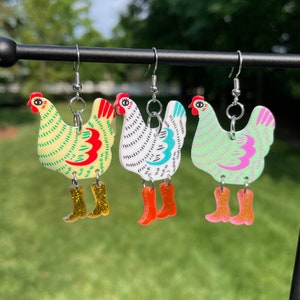 Silly Chickens in Boots Dangle Earrings | Novelty Earrings | Unique Earrings | Fun Earrings | Pretty Earrings | Animal Earrings