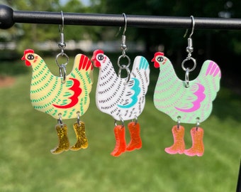 Silly Chickens in Boots Dangle Earrings | Novelty Earrings | Unique Earrings | Fun Earrings | Pretty Earrings | Animal Earrings