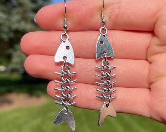 Barbed Wire Fish Skeleton Dangle Earrings | Novelty Earrings | Unique Earrings | Funky Earrings | Dangle Earrings | Whimsical Earrings