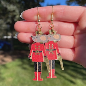 Wooden Nutcracker and Mouse King Dangle Earrings | Holiday Earrings | Unique Earrings | Fun Earrings | Christmas Earrings | Festive Earrings
