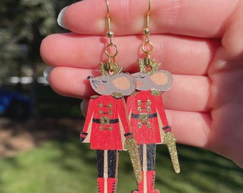 Wooden Nutcracker and Mouse King Dangle Earrings | Holiday Earrings | Unique Earrings | Fun Earrings | Christmas Earrings | Festive Earrings