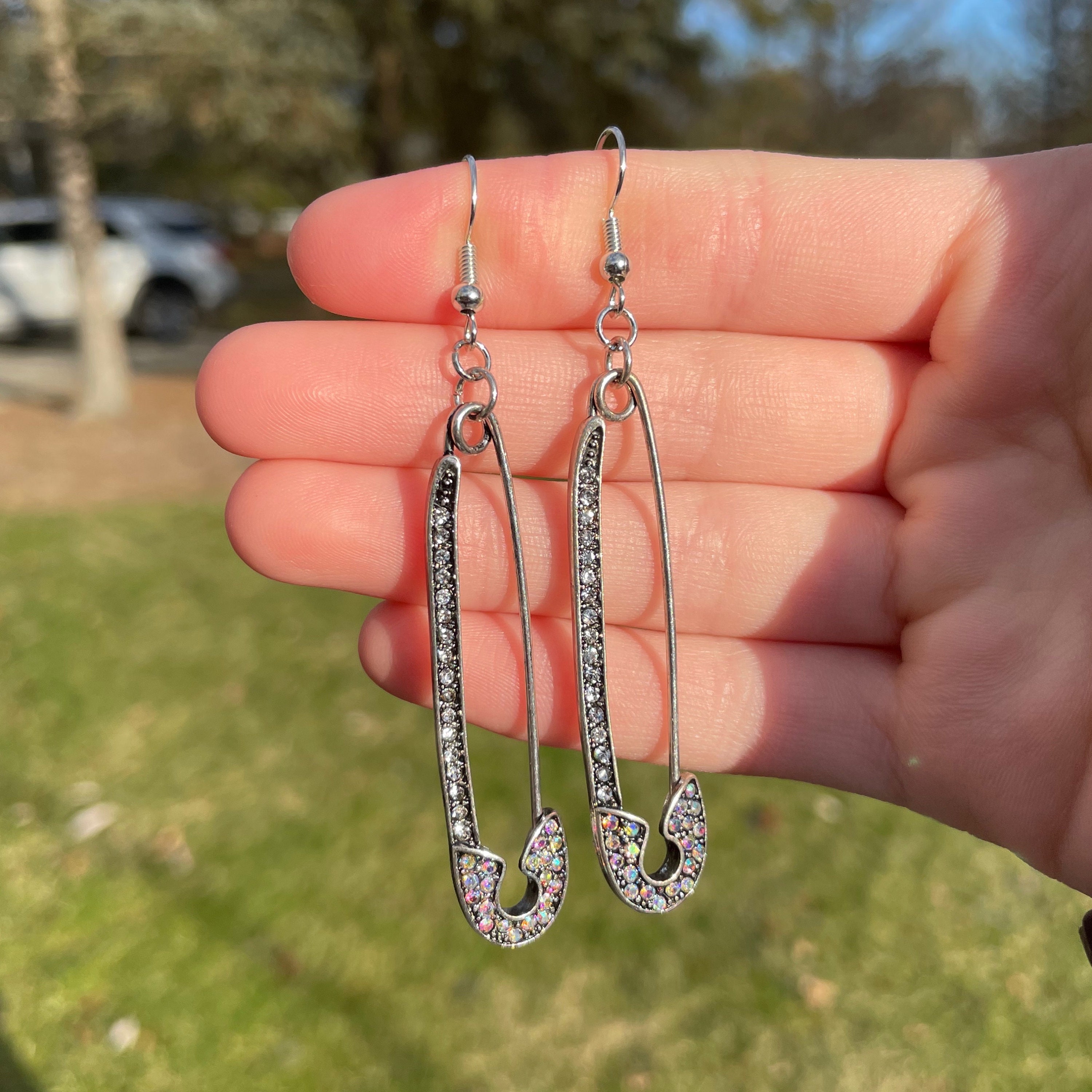 Silver and Crystal Safety Pin Dangle Earrings | Novelty Earrings | Unique  Earrings | Fun Earrings | Pretty Earrings