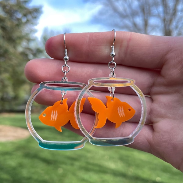 Acrylic Goldfish Bowl Dangle Earrings | Novelty Earrings | Unique Earrings | Funky Earrings | Whimsical Earrings | Silly Earrings