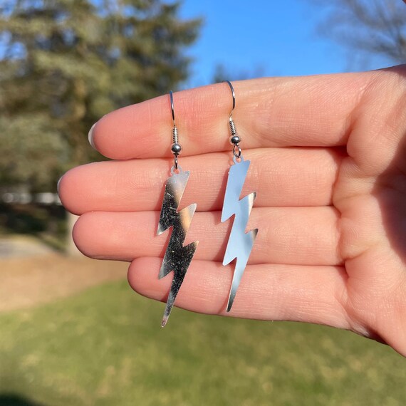 Acdc Earrings Long Slender Lightning Bolt Silver Mirror