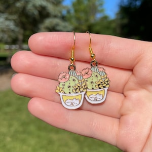 Succulent and Cozy Cat Dangle Earrings | Novelty Earrings | Unique Earrings | Fun Earrings | Plant Mom Earrings | Cat Mom Earrings