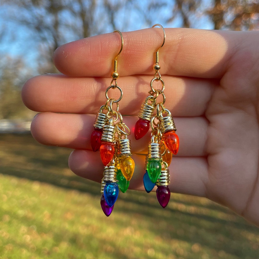 Rainbow Mini Christmas Bulb Chandelier Dangle Earrings | Christmas
