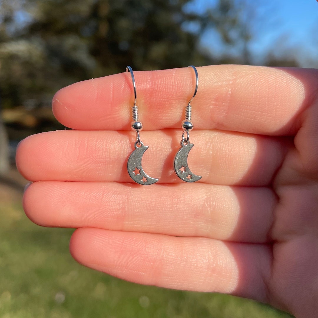 Dainty Silver Moon Dangle Earrings Novelty Earrings Unique Etsy