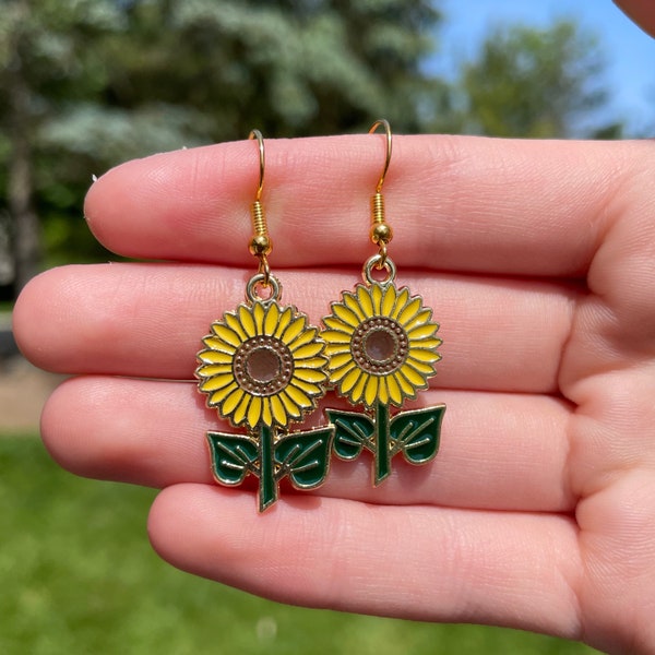 Enamel Sunflower Dangle Earrings | Novelty Earrings | Unique Earrings | Fun Earrings | Pretty Earrings
