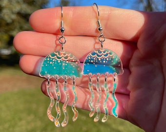 Engraved Acrylic Jellyfish Earrings | Novelty Earrings | Unique Earrings | Pretty Earrings | Sparkly Earrings | Sea Creature Earrings
