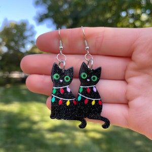 Cat Wrapped in Christmas Lights Dangle Earrings | Novelty Earrings | Unique Earrings | Christmas Earrings | Dangle Earrings | Cute Earrings