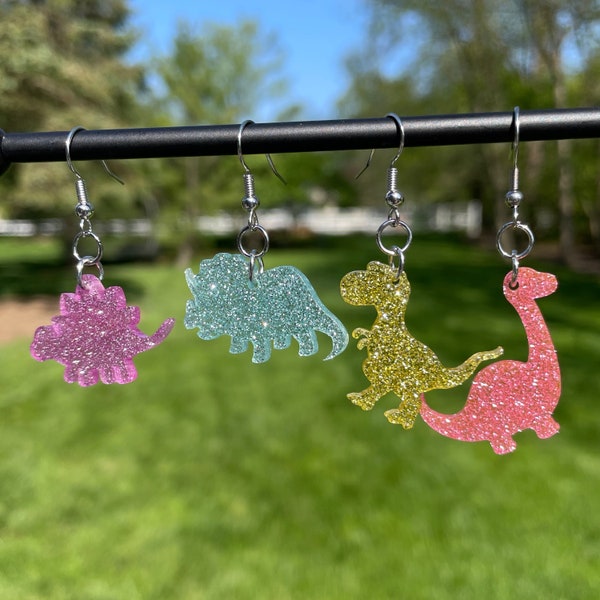 Glitter Dinosaur Dangle Earrings | Novelty Earrings | Unique Earrings | Pretty Earrings | Super Cute Earrings