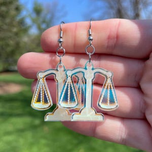 Acrylic Engraved Scales of Justice Dangle Earrings | Novelty Earrings | Unique Earrings | Fun Earrings | Lawyer Earrings