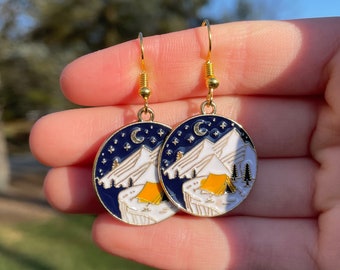 Mountain Camping Dangle Earrings | Novelty Earrings | Unique Earrings | Fun Earrings | Pretty Earrings | Camping Earrings