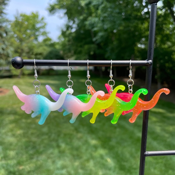 Gummy Style Brontosaurus Dinosaur Dangle Earrings | Novelty Earrings | Unique Earrings | Pretty Earrings | Statement Earrings