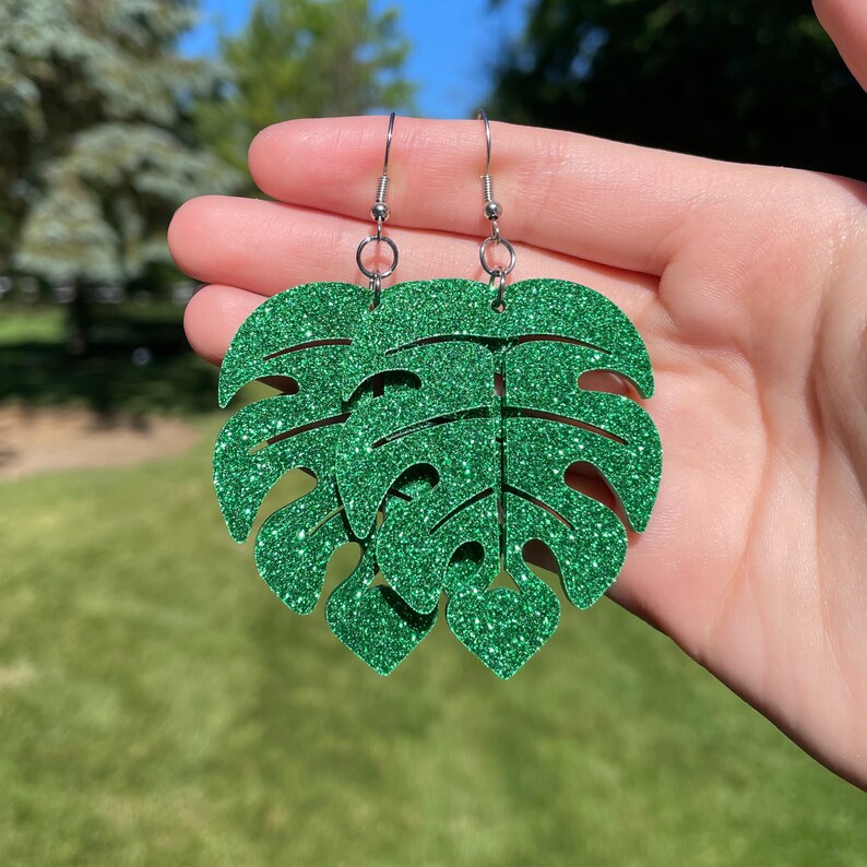 BIG Monstera Leaf Dangle Earrings Novelty Earrings Unique Earrings Fun Earrings Plant Mom Earrings Glitter