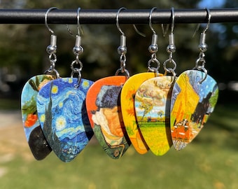 Van Gogh Paintings Guitar Pick Earrings | Novelty Earrings | Unique Earrings | Fun Earrings | Quirky Earrings | Art Earrings