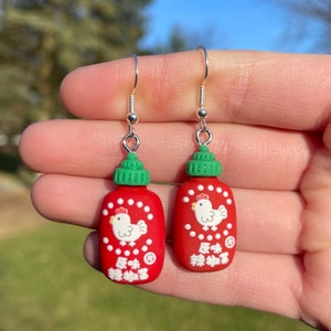 Cute Sriracha Bottle Dangle Earrings | Novelty Earrings | Unique Earrings | Fun Earrings | Food Earrings | Kawaii Earrings