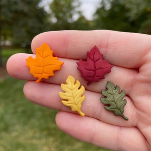 May include: Four fall-themed leaf buttons in orange, red, yellow, and green. The buttons are shaped like maple leaves and oak leaves.